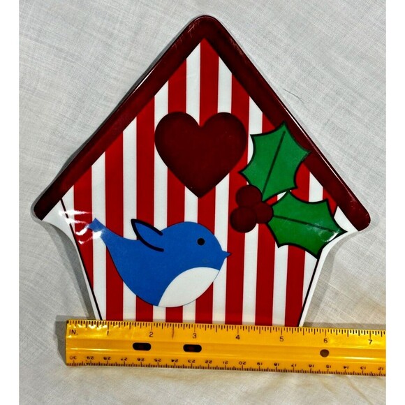 MELAMINE 8" Christmas Candy/Trinket Dish/Plate - Birdhouse Bluebird Holly Heart - Picture 6 of 6